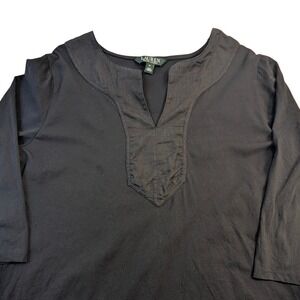Lauren Ralph Lauren Black Cotton Tunic Top Plus Size 1X‎ 3/4 Sleeve V-Neck